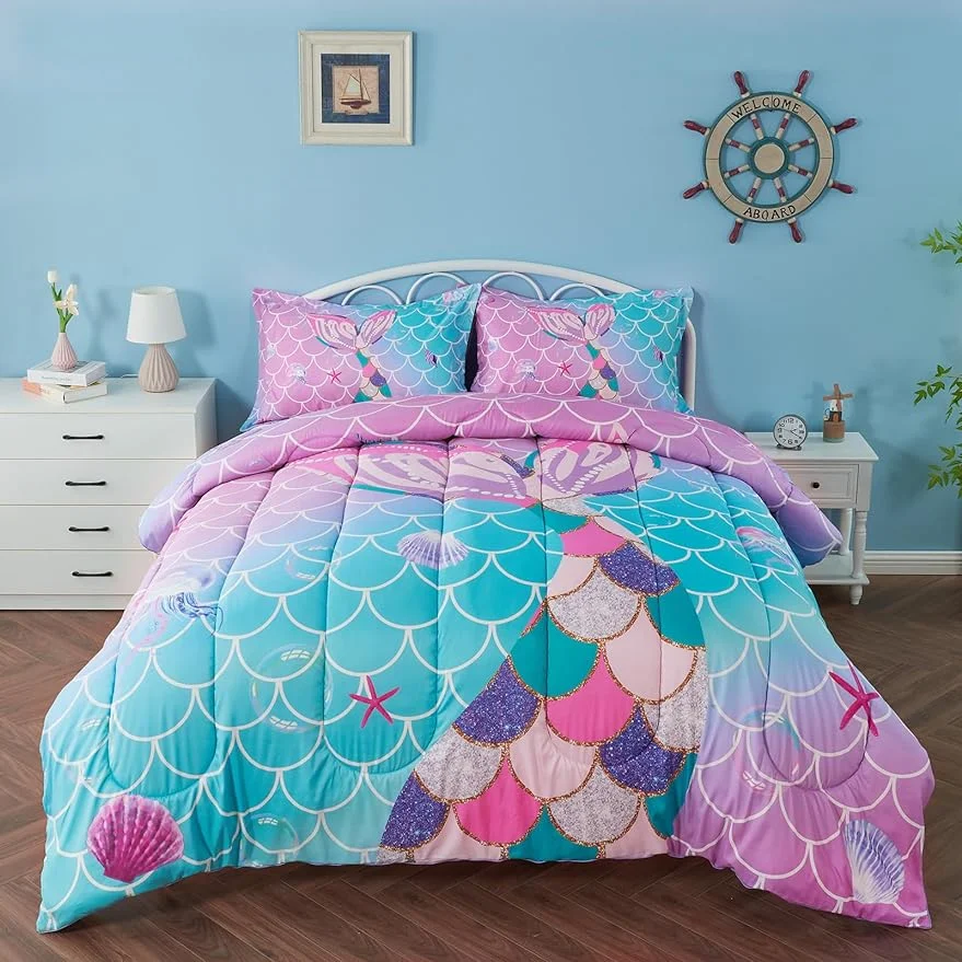 Qucover Comforter Sets for Girls Mermaid Tail Rainbow Scales Bedding Set 3 Pieces Queen Comforter with 2 Pillowcases for Kids, Teenagers