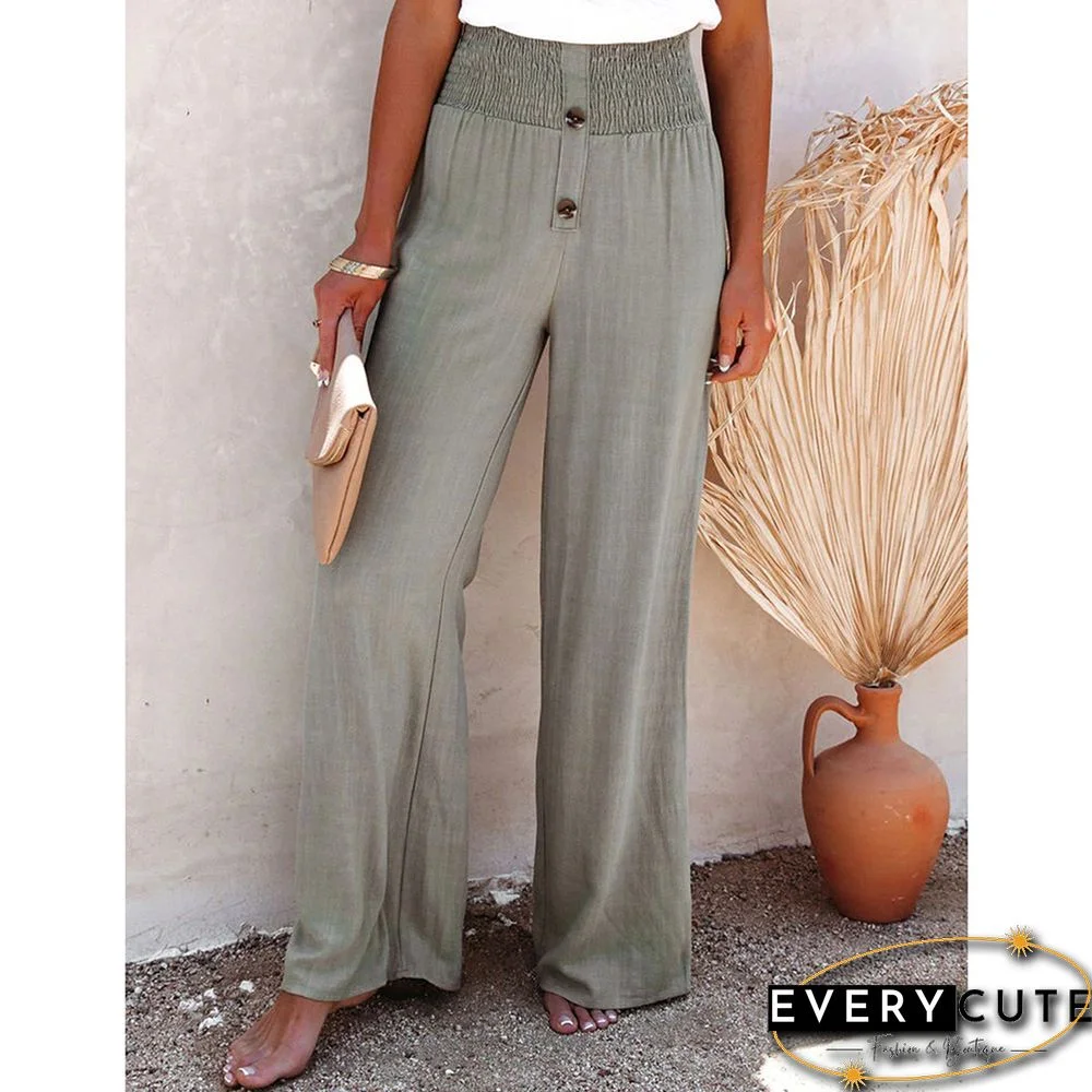 Greyish Green Elastic Waist Wide Leg Casual Pants