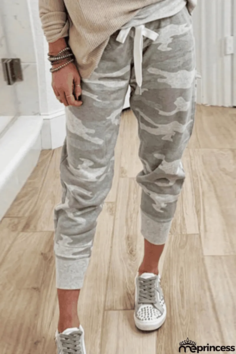 Casual Camouflage Print Draw String Capris Patchwork Bottoms