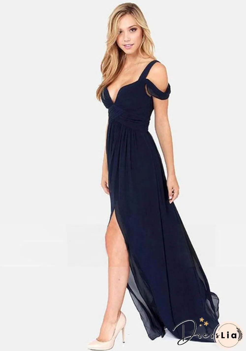 Plus Size Women's Long Cap Sleeve Bridesmaid Dresses Split Side Empire Prom Dress Floor Length