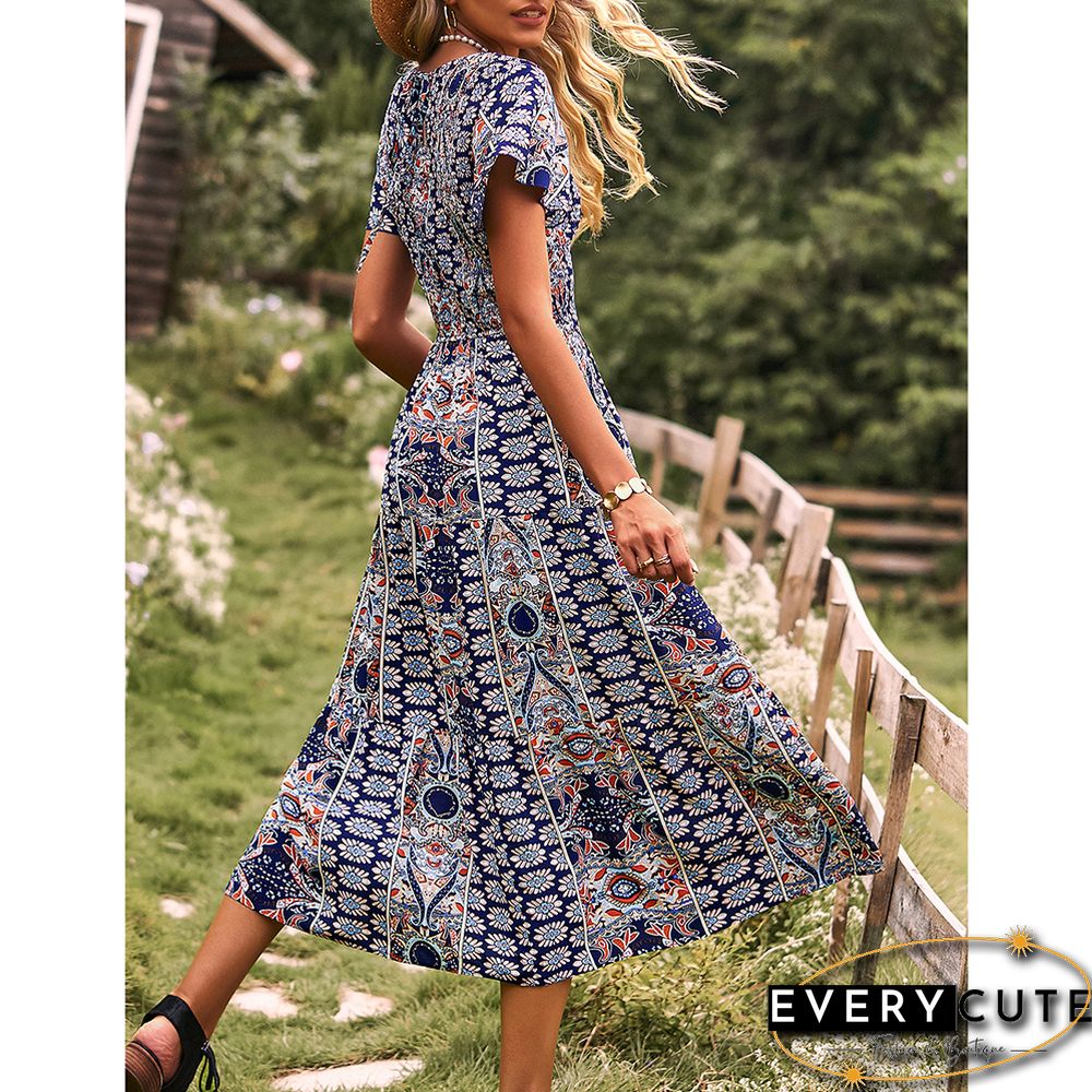 Navy Blue Bohemia Print Pleated Woven Casual Dress