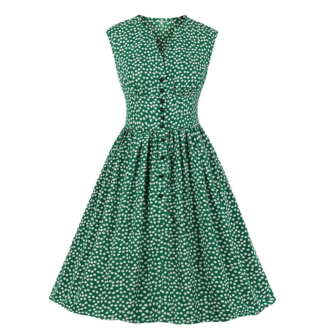 50s Style Retro Floral Dresses Ladies Fashion Sleeveless V-neck Dress