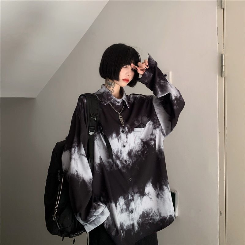Tie-dye shirts for men women 2021SS new Harajuku bf dark Gothic wear all-match long-sleeved blouse trend black white streetwear
