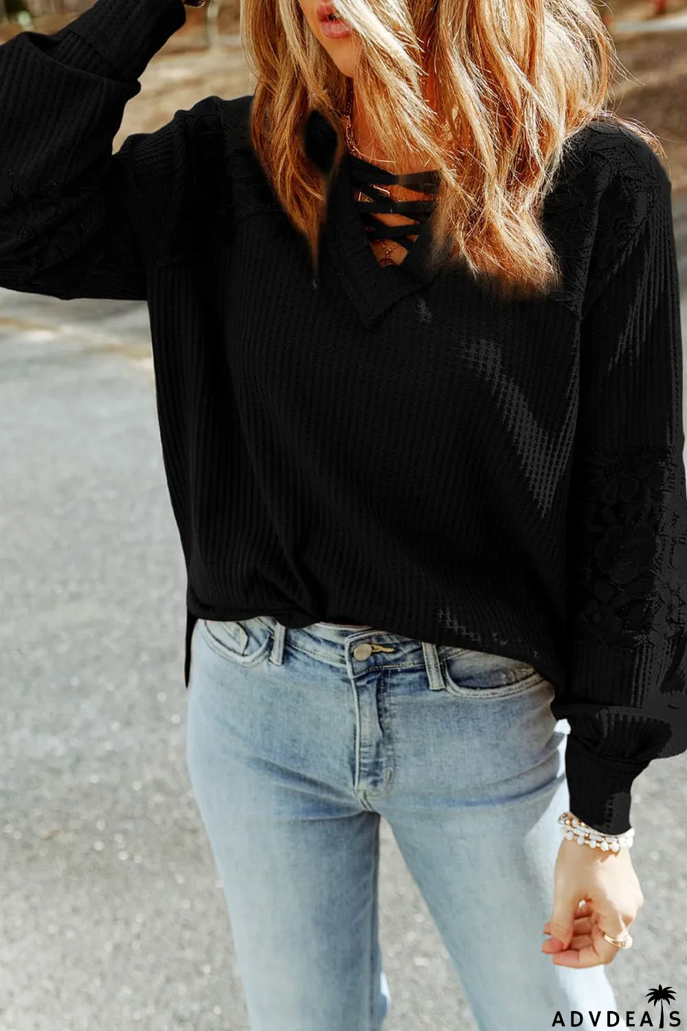 Black Lace Waffle Patchwork Strappy V Neck Long Sleeve Top