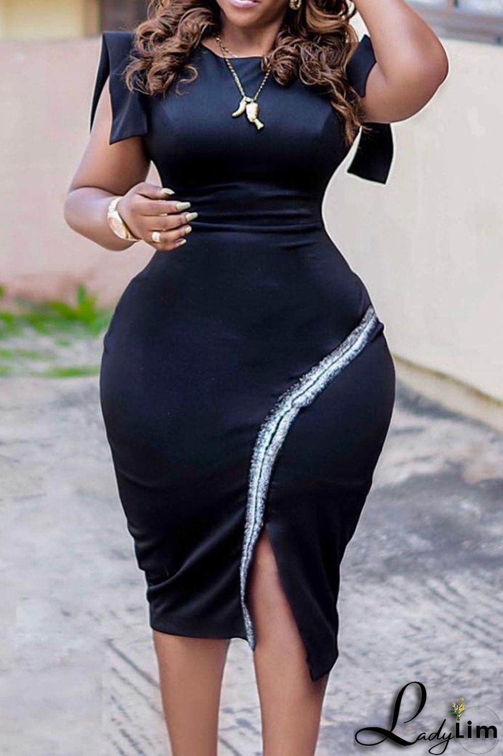 Royal Blue Casual Solid Patchwork Slit O Neck Pencil Skirt Dresses