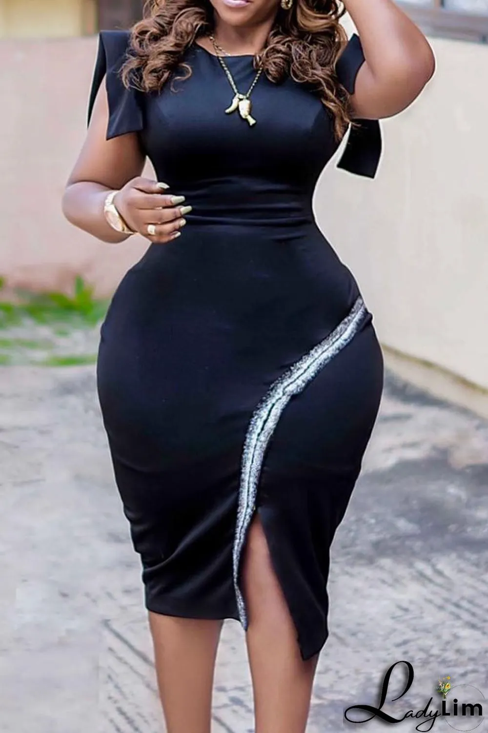 Royal Blue Casual Solid Patchwork Slit O Neck Pencil Skirt Dresses