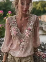 Boho Pink Roses Beaded Embroidered Lace Flowy Tunic
