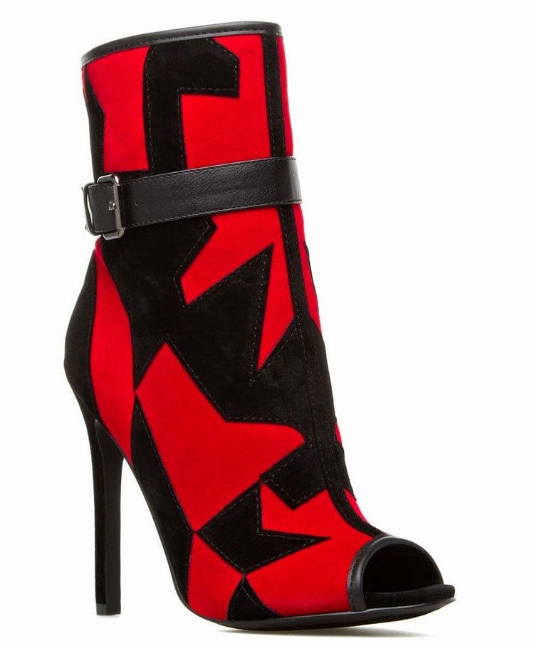 Red And Black Fashion Boots Peep Toe Suede Geometric Ankle Boots |FSJ Shoes