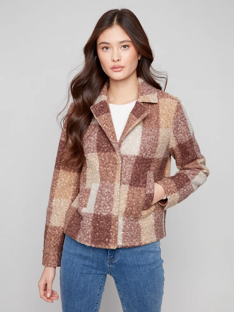 Plaid Boucl&eacute; Knit Short Coat - Mocha