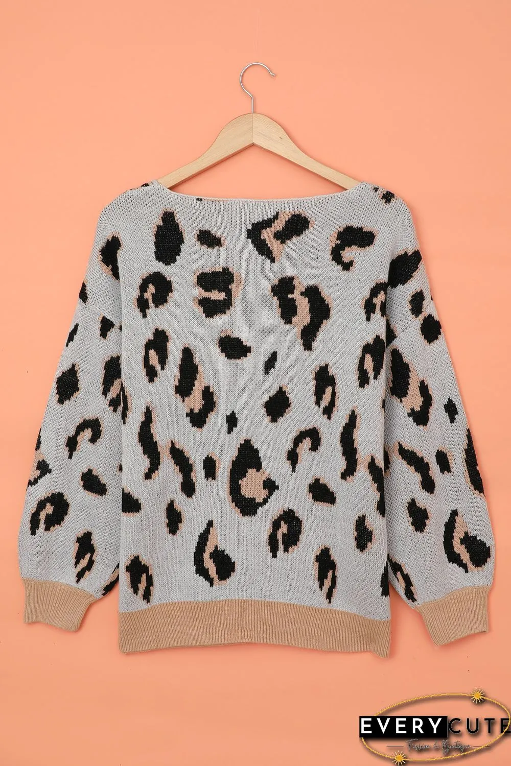 White V-neck Leopard Print Puff Sleeve Sweater