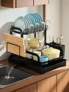 2 Tier Dish Drying Rack with Utensil Holder and Cup Rack Double Layer Sink Drain Rack with Drain Board for Apartment Kitchen Counter