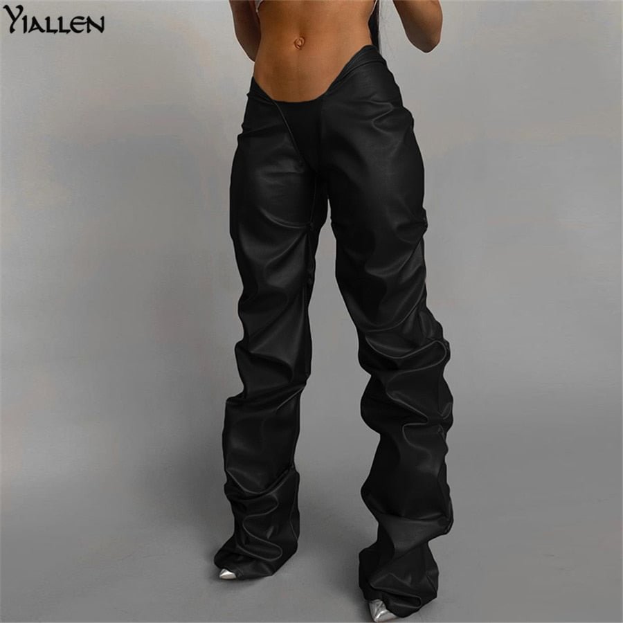 Yiallen Fashion PU Leather Folds Shiny  Pants Women Hipster High Street Irregular Shape Clothing Low Waist Female Streetwear