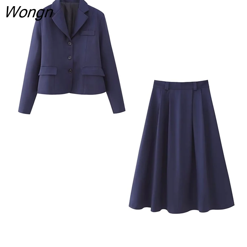 Wongn Fashion Women Blazer Skirts Sets 2023 Female Office Lady Elegant Single Breasted Jackets Mid-Calf A-Line Solid Skirts