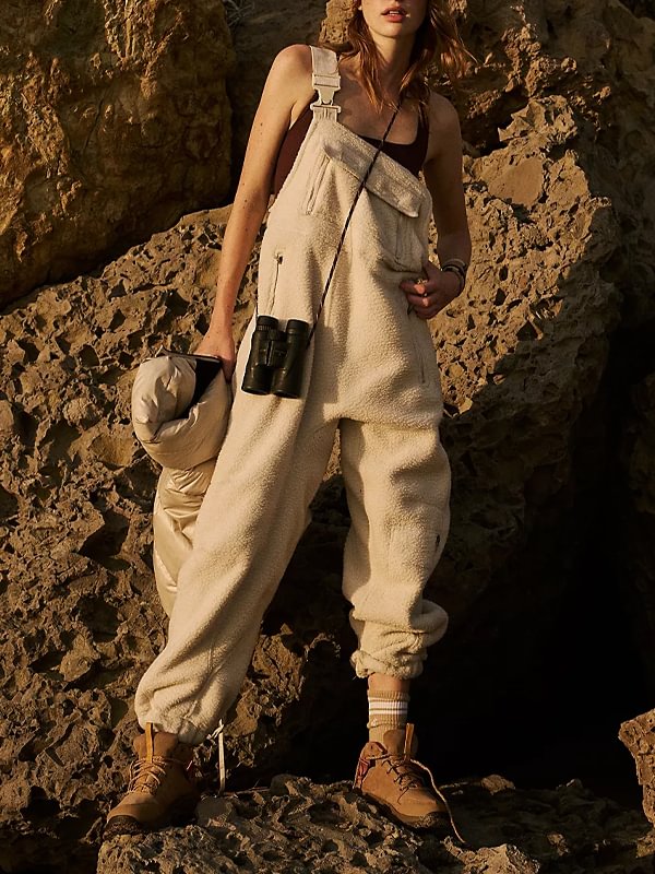 Women's Beige Plush Ski Bib Design Adjustable Suspender Bib