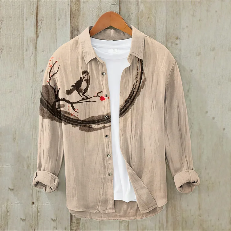 Men'S Japanese Art Bird Linen Blend Shirt