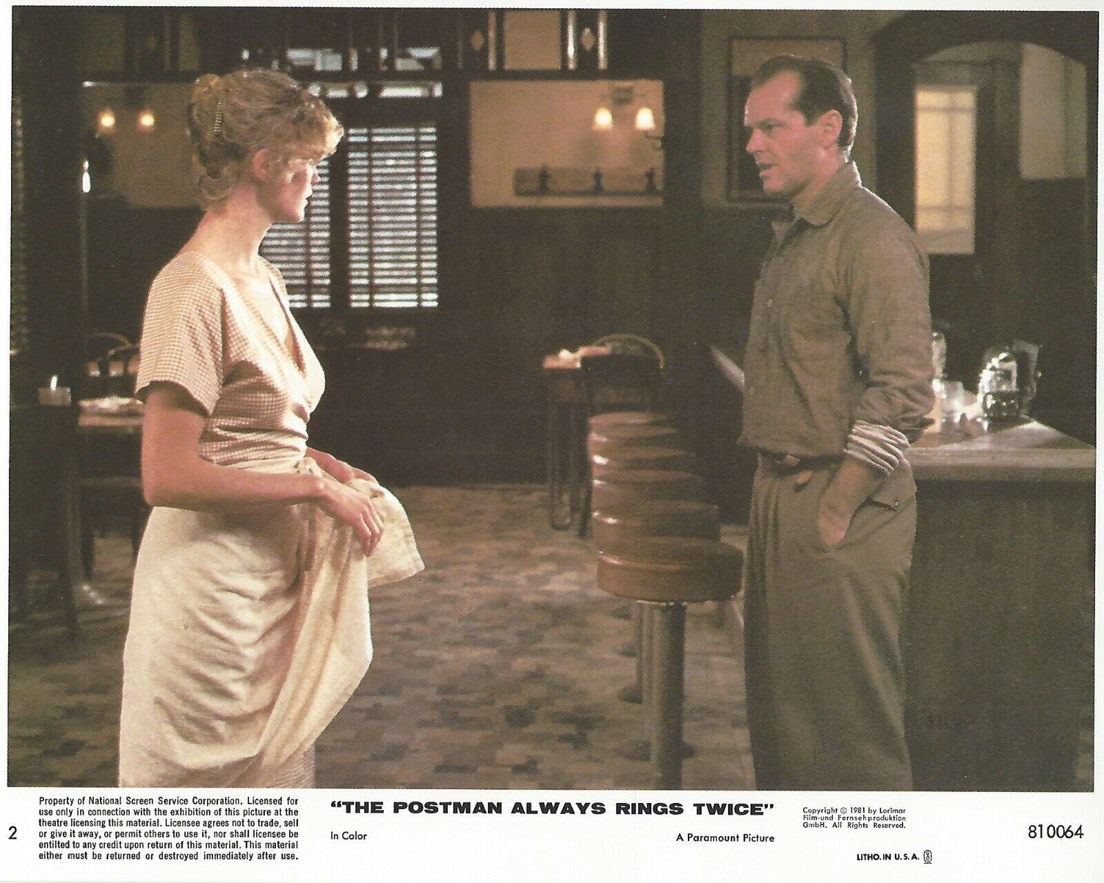 The Postman Always Rings Twice Original 8x10 Lobby Card Poster 1981 Photo Poster painting #2