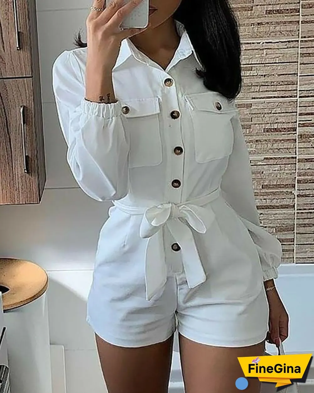 Buttoned Pocket Design Long Sleeve Romper