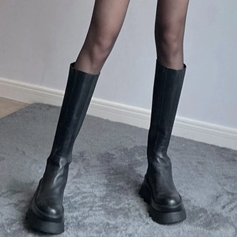 High Boots Women Zipper Leather Shoes 2021 Autumn Thick Bottom Platform Ladies Knee High Boots Elegant Fashion Female Footwear