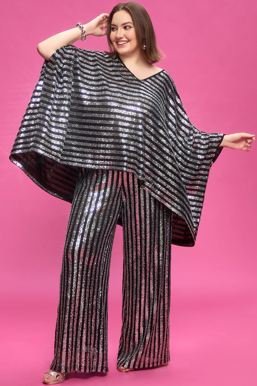 Design Plus Size Party Silver V Neck Batwing Sleeve Pocket Sequin Two Piece Pant Sets [Pre-Order]