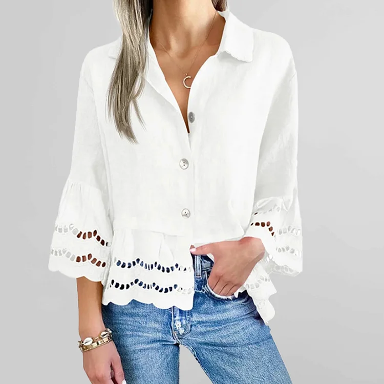Casual Shirt Collar Button Lace Trim Flare Sleeve Blouse
