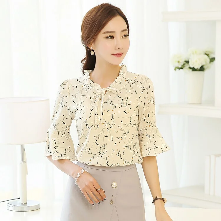 Blusas Plus Size Fashion Women Tops and Blouses 2021 summer Lady Tops Chiffon Blouse Floral Print Bow Neck Shirt Short Sleeve