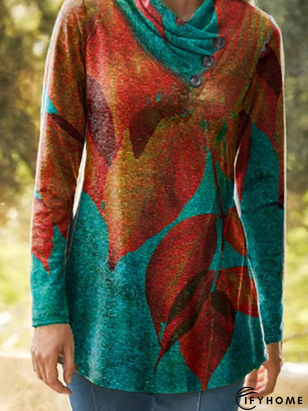 Cowl Neck Long Sleeve Floral-Print Leaves Tunic Top | IFYHOME