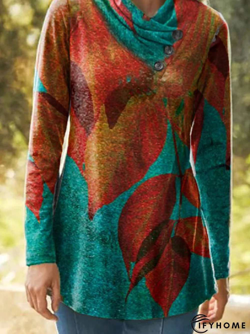 Cowl Neck Long Sleeve Floral-Print Leaves Tunic Top | IFYHOME