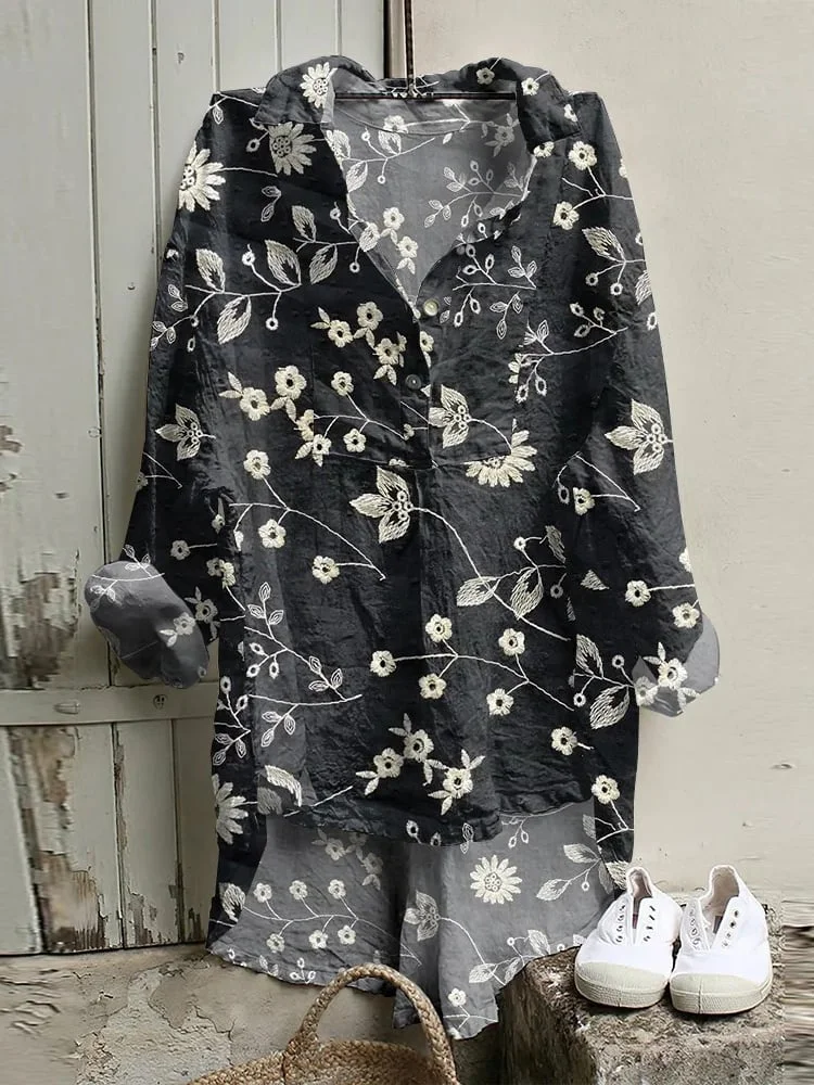 Women's Loose Plant Floral Print Cotton Linen Short Front Long Back Shirt