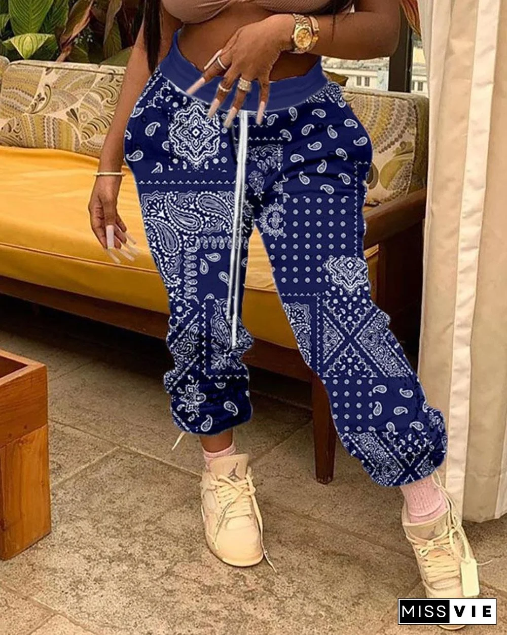 Paisley Print Drawstring Ruched Pants P13843