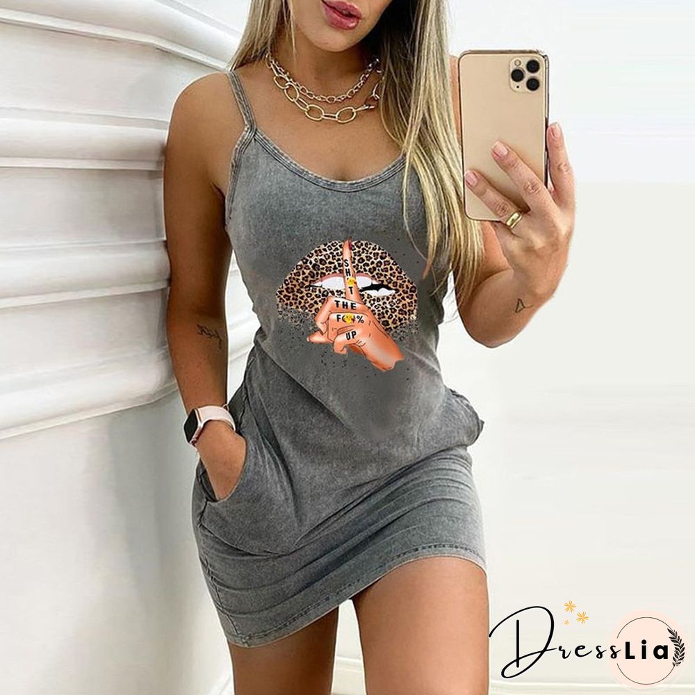 Sexy Sleeveless Dress Women Fashion Letter Print O Neck Summer Party Dresses Casual Slim Backless Straps Ladies Mini Dress 3Xl