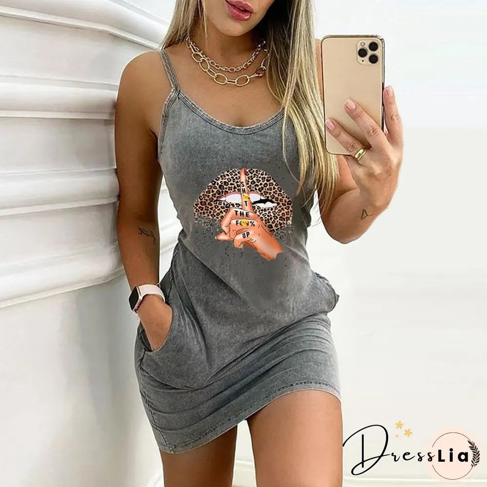 Sexy Sleeveless Dress Women Fashion Letter Print O Neck Summer Party Dresses Casual Slim Backless Straps Ladies Mini Dress 3Xl