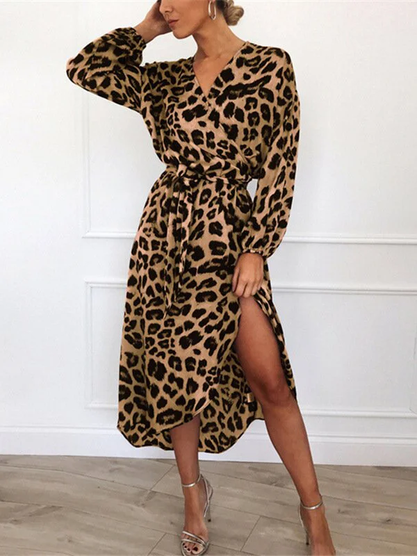 Fashion Sexy Women's Leopard Print V-Neck Irregular Chiffon Dresses