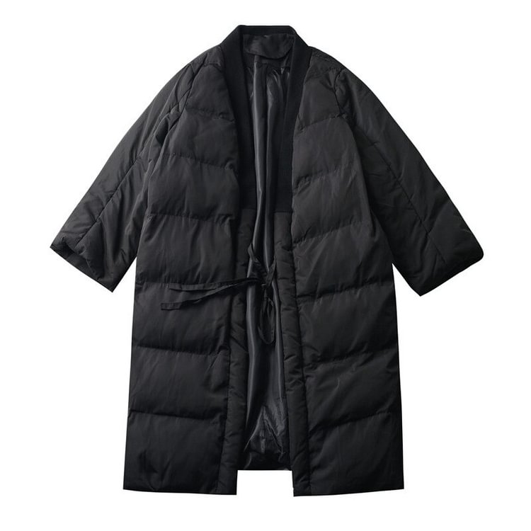 Street Solid Color V-neck Cotton-padded Lace-up Long Sleeve Coat