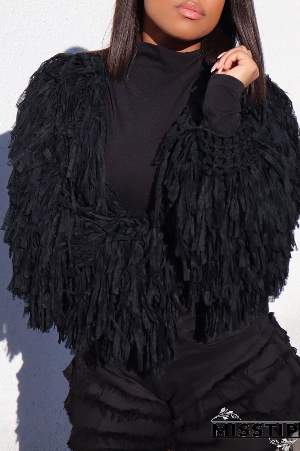Blue Street Solid Tassel Patchwork Cardigan Collar Outerwear