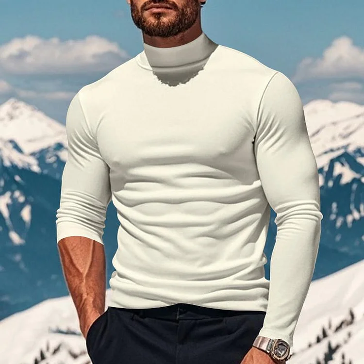 Men's Solid Color Plush Half High Collar Long Sleeve T-shirt