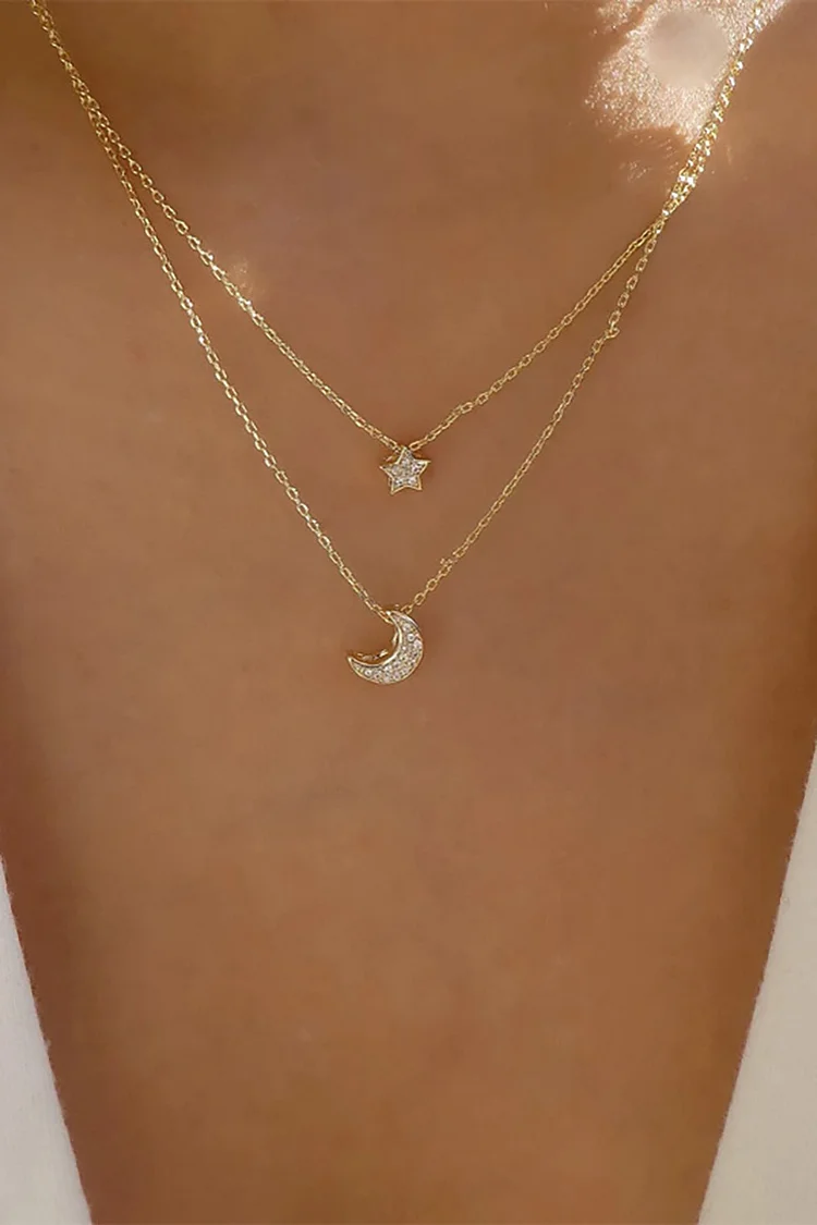 Star Moon Rhinestone Pendant Alloy Layered Necklace-Gold