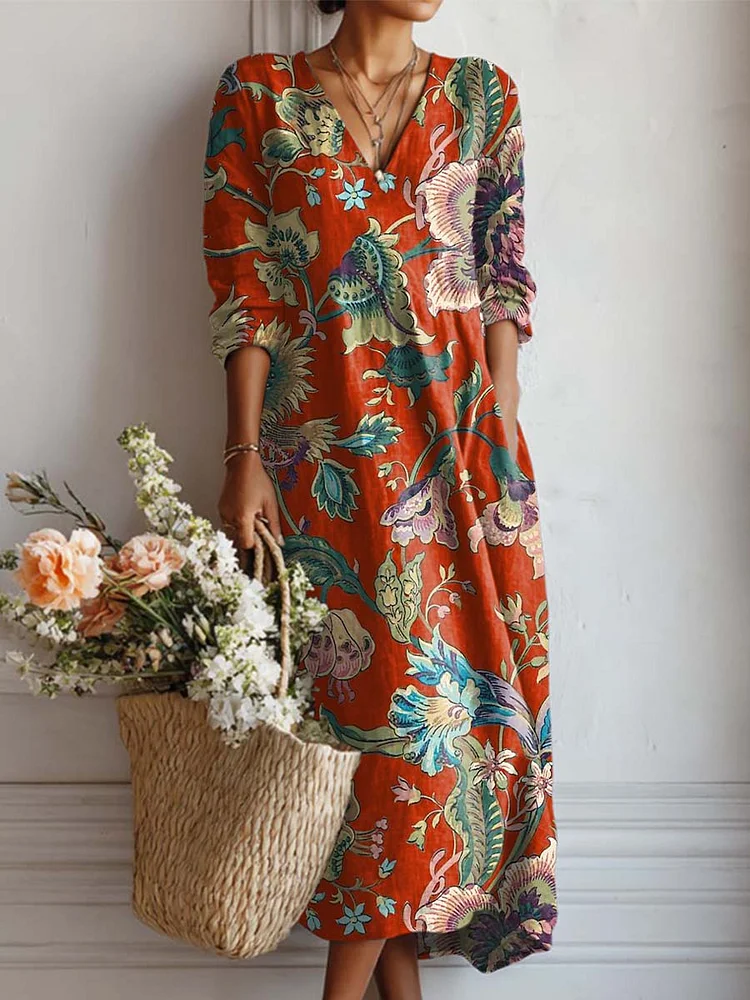 Women's Vintage Floral Art Print Cotton And Linen Pocket Dress
