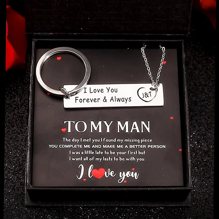 Personalized Keychain Heart Necklace with Letter Gift Box Set for Him Husband Wife-To My Man Couples Jewelry