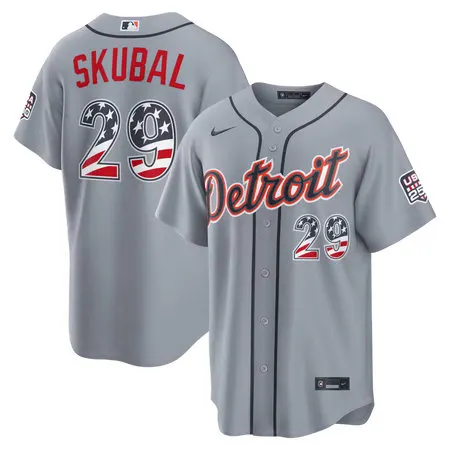 Youth Detroit Tigers #29 Tarik Skubal Nike Gray USA 250 Fourth of July Road Stadium Jersey