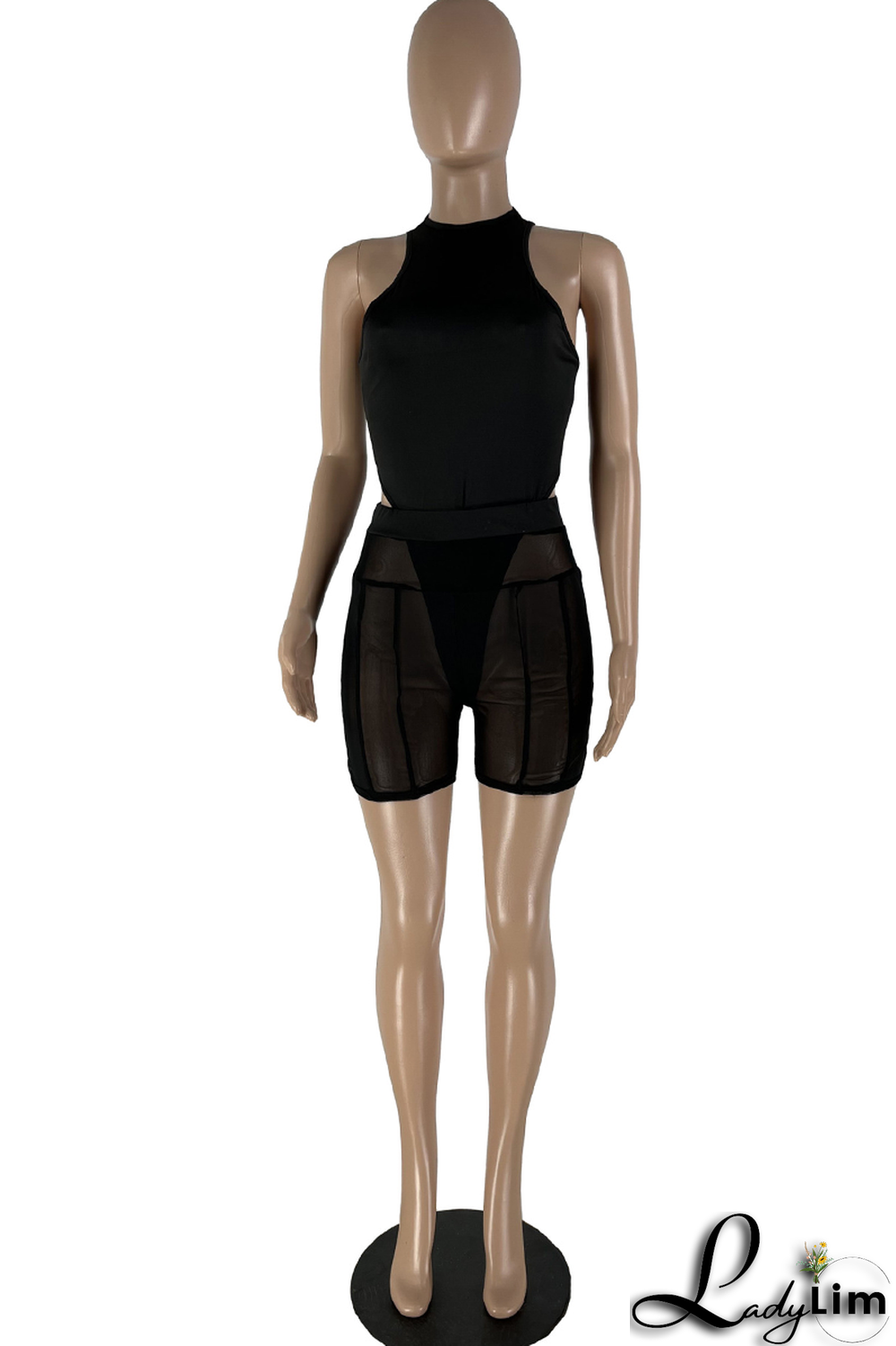 Black Sexy Solid Mesh Cold Shoulder Sleeveless Two Pieces