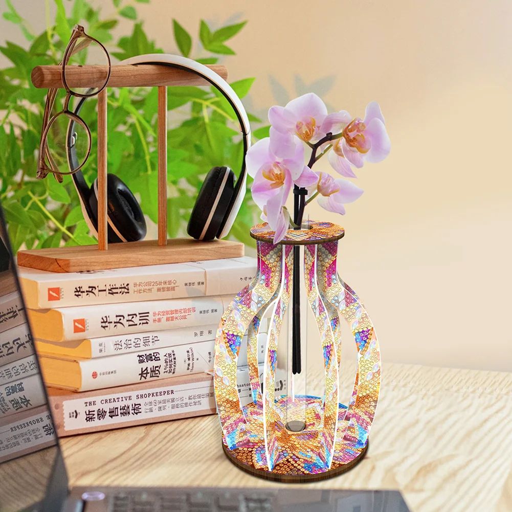 DIY Wood Mandala Diamond Painting Flower Vase Ornaments for Home Office Decor