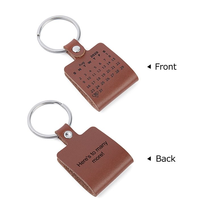 Personalized Brown Leather Keychain With Engraved Calendar Date And Text Keychain