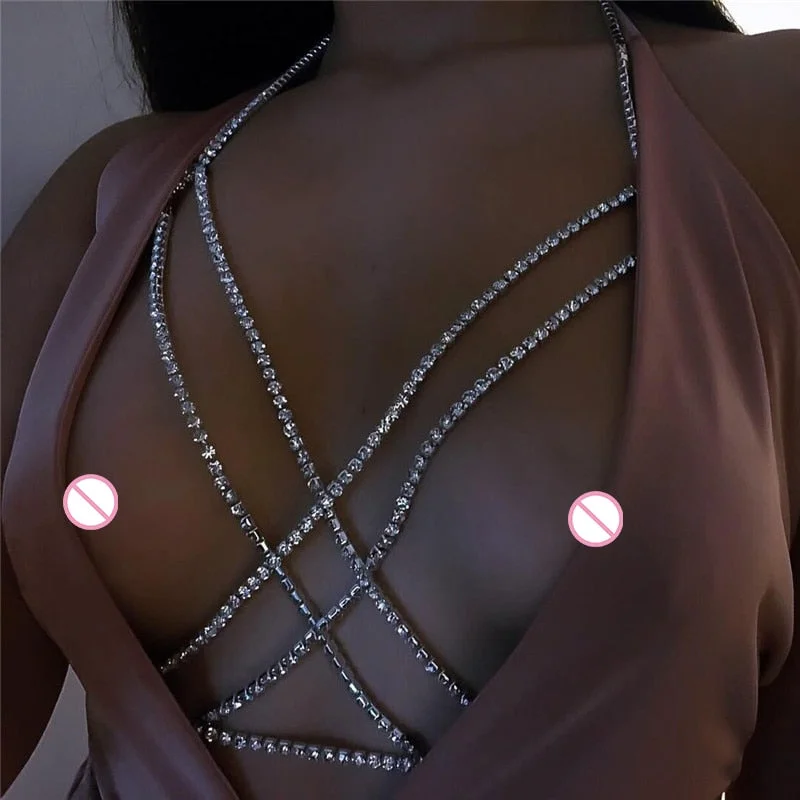 Ellolace Shining Rhinestones Chest Cross Body Chain Boho Multi Layers Chest Chain Harness Body Jewellery Jewelry Crystal Chest