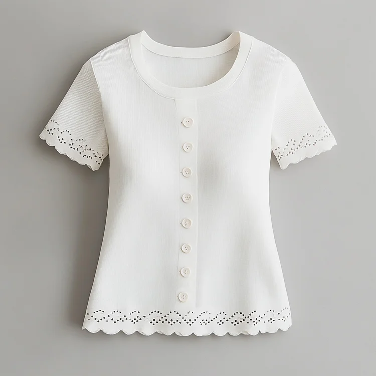 Ursime Round Neck Button Hollow Out Short Sleeve Blouse