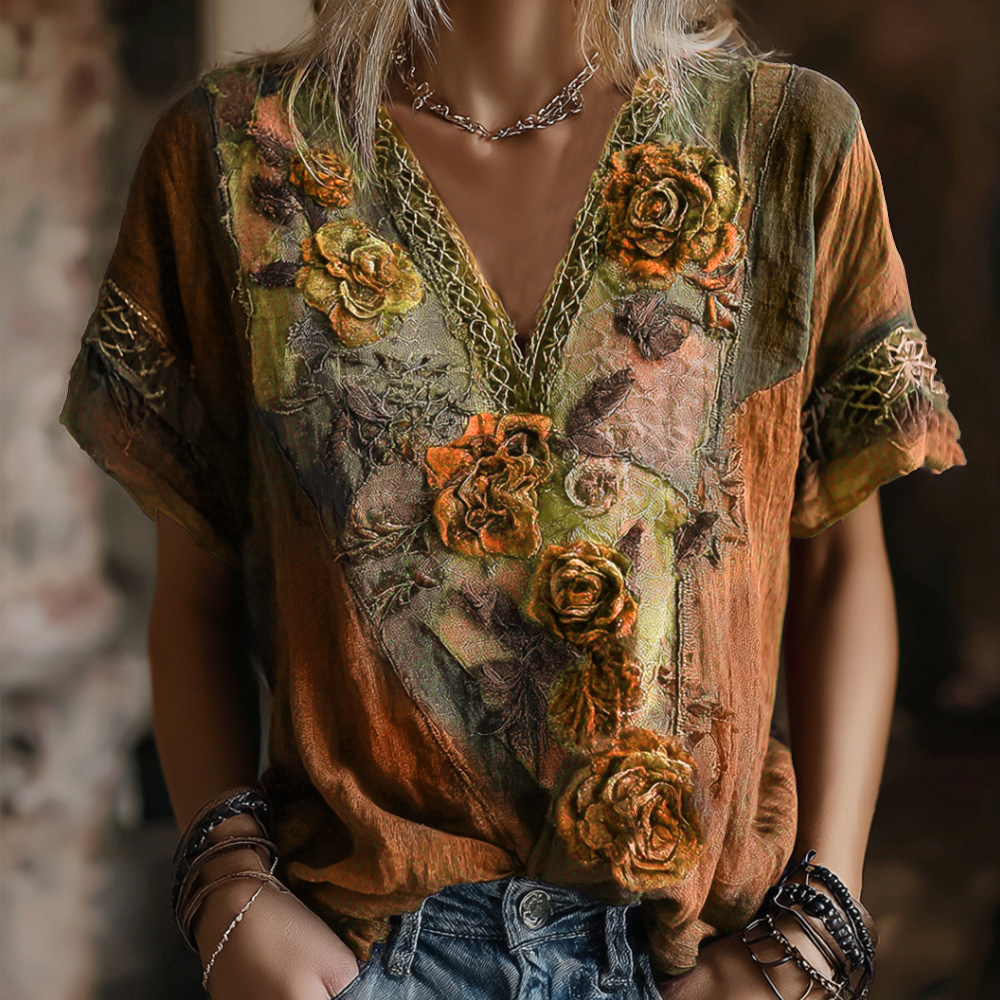 Vintage Faded Rose Woven Embroidered Purple Spliced Cotton-linen V-neck Short Sleeve elevenforest