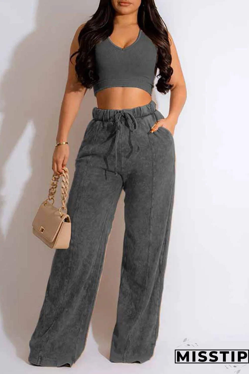 Blue Casual Solid Patchwork O Neck Sleeveless Two Pieces