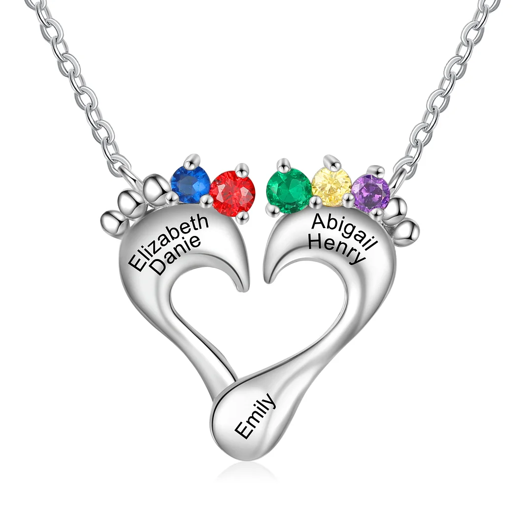 Personalized Heart Baby Feet Necklace with 5 Birthstones Engraved Names Gift for Mom