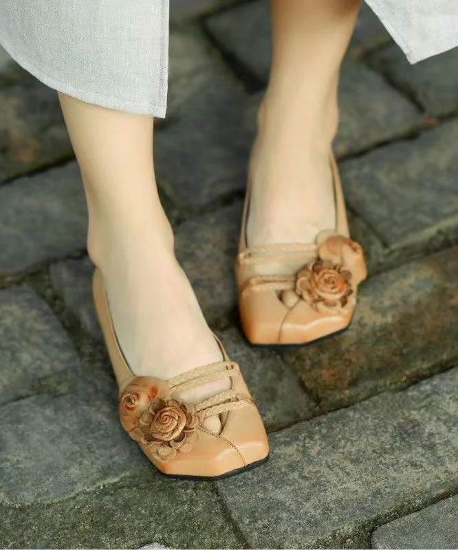 Khaki Floral Flat Shoes For Women Splicing Flat Feet Shoes