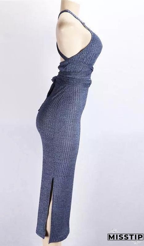 Solid Color Three Seasons Sexy Slim Extended Sleeveless Backless Long Dress