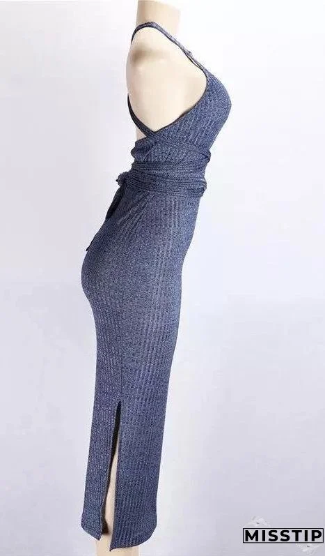 Solid Color Three Seasons Sexy Slim Extended Sleeveless Backless Long Dress